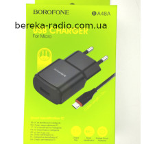 Зарядний пристрій 220V Borofone BA48A (2.1A, 1xUSB, кабель microUSB), black, коробка