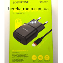 Зарядний пристрій 220V Borofone BA48A (2.1A, 1xUSB, кабель Lightning), black, коробка