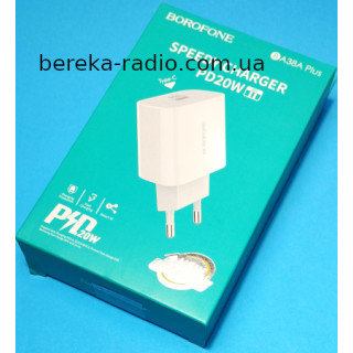 Зарядний пристрій 220V Borofone BA38A Plus QC3.0 (3A, 20W, PD Type-C), white, коробка