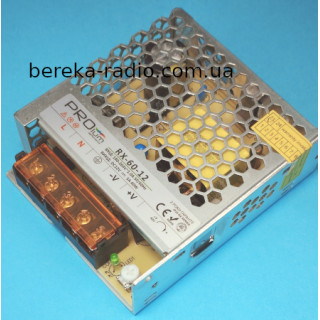 12V/5A 60W RX-60-12, IP20, підстоювання вих. напруги +-10%, Series RX, 98x82x30mm