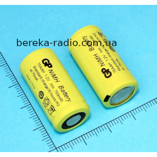 Акумулятор 1.2V, 750mAh, 2/3 AA, NI-MH, GP 75AAH-B, Flat Top, технічний