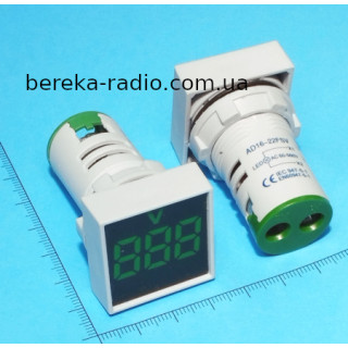 Вольтметр в корпусі AC 60-500V зелений 3-х цифр. інд. AD16-22FSV, квадратна панель 22mm