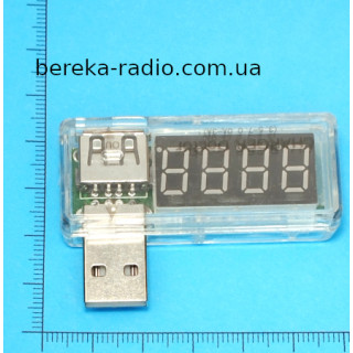 USB тестер з LED інд. кутовий (вольтметр, амперметр, тестер зарядок), прозорий корпус
