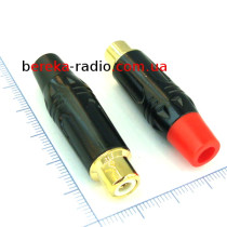 Гніздо RCA на кабель чорне, металевий корпус gold, кінцевик червоний