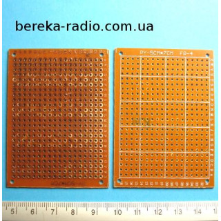 Плата макетна одностороння 50x70x1.2mm CEM, без маски, п`ятачки з отворами, крок 2.5mm, покрита флюс