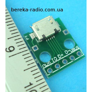 Плата перехідник гніздо micro USB на 5 контактів, крок 2.54mm, 16x14x1mm, двохстороння з маскою