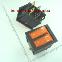 Перемикач клавішний KCD4-011 подвійний, ON-OFF, 6 pin, 15A/220V, жовтий з підсвіткою