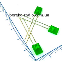 Св. 2x5x7mm прямокутний зелений, 2.0-2.2V, 567-569nm, 100-200mcd, зелена дифузна лінза
