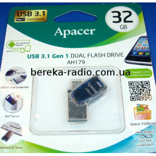 USB Flash 32GB Apacer AH179, OTG microUSB/USB 3.1, metal-blue