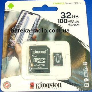 Карта пам`яті micro SD 32GB A1(R100MB/s) Kingston Canvas Select Plus, блістер