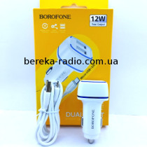 Автомобільне зарядне Borofone BZ14 (2.4A, 2xUSB, кабель microUSB, 12W), white, коробка