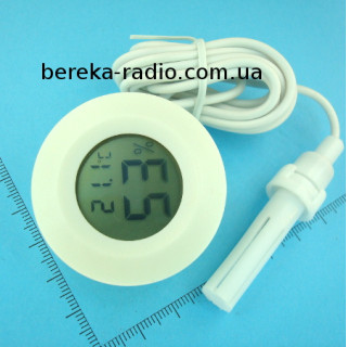 Термометр-гігрометр 0.56`` LCD круглий білий корпус, датчик на проводі, без підсвітки