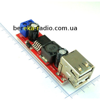 Перетворювач DC-DC понижаючий на LM2596S-5.0, Uвх=6-40V, Uвих=5V, Imax=3A, 2xUSBA, HW-272, 65x18x16m