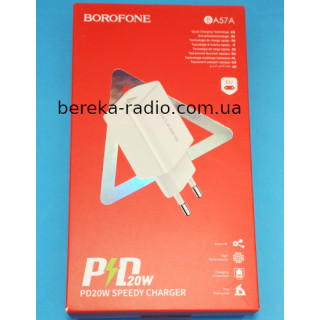 Зарядний пристрій 220V Borofone BA57A PD QC3.0 (20W, 3A, 1xType-C), white, коробка