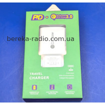 Зарядний пристрій 220V з гн. USB + гн. Type C, QC3.0 + PD, 20W, білий