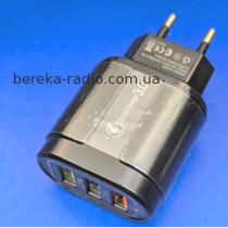 Зарядний пристрій 220V на 3 гн. USB, QC3.0, 3.5A, чорний
