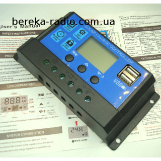 Контролер заряду 30A Solar Charge Controller (12/24V 390/780W, PWM контролер, 2xUSB, PV регулятор)